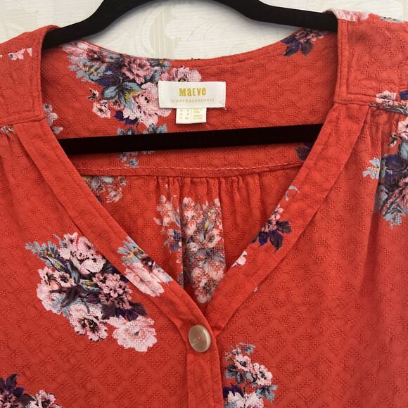 Maeve Anthropology Top Women’s Size US 2 Floral Orange Button Front Blouse - Picture 3 of 10